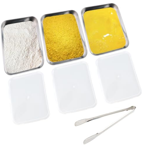 3Stück Panierschalen Set 3-Teiligedelstahl mit Deckel Klammer Panierstrasse | Stapelbar Blech mit Deckel Edelstahl Panier Set Gastro Behälter Panierstraße Schnitzel für Schnitzel Fleisch Fisch und Gemüse