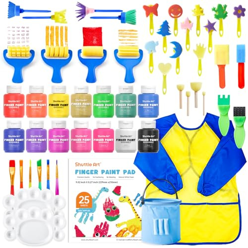 Shuttle Art 53 teiliges Fingerfarben Set Ungiftig, Bastelset mit 14 farben (je 60ml) Fingermalfarben für Kinder, Pinsel, Fingerfarben Malbuch, Schwamm, Schwammspatel, Palette, Malset für Kinder