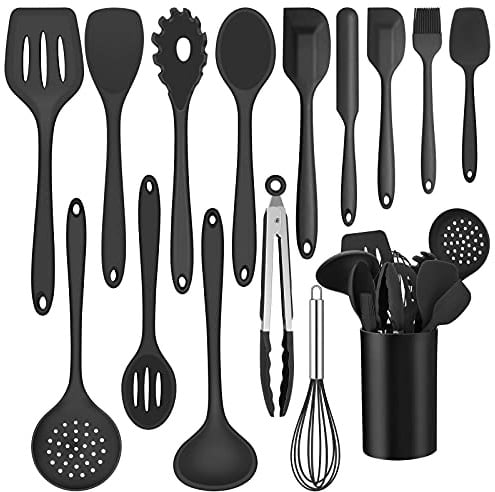 Joyfair 15 Stück Silikon Küchenutensilien Set mit Utensilienhalter, Schwarz | Hitzebeständiger Küchenhelfer Set, Antihaft & Kratzfest, Platzsparend, Leicht zu reinigen & Spülmaschinenfest