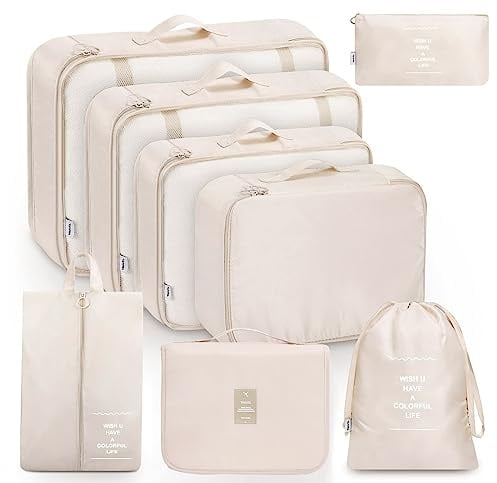 MURISE 8 Teilige Packing Cubes, Kleidertaschen, Koffer Organizer für Urlaub und Reisen, Packwürfel Set Reise Würfel, Ordnungssystem für Koffer - Beige