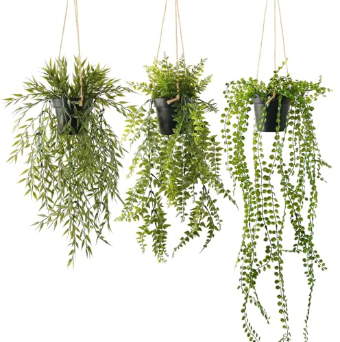 YVONNEYI 3er Set Hängepflanze Künstlich mit Schwarz Topf, 71,9/50,8/50 cm | UV-beständig, Moosimitation im Topf, abnehmbare Schnüre, lebensechte Blattadern, für Indoor & Outdoor, pflegeleicht