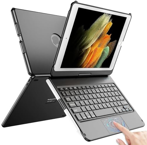 TQQ Tastatur Hülle für iPad 10.2 Zoll (7., 8. und 9. Generation) mit Präzisions-Trackpad, Notebook-ähnlicher Tastatur mit 10-Farbige Hintergrundbeleuchtung, 360° Drehbar, Deutsches QWERTZ-Layout