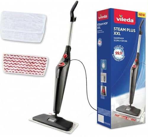 Vileda Steam Plus XXL Dampfreiniger für Böden und Teppiche mit PowerPad und 2 Mikrofaserbezügen | 40 cm Wischerplatte | 15 Sek. Aufheizzeit | Comfort-Pack