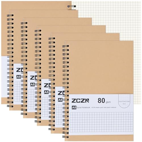 ZCZN Notizbuch A5 kariert, 6 Stück Spirale Notizblock, 60 Blatt, Heft für Büro und Schule