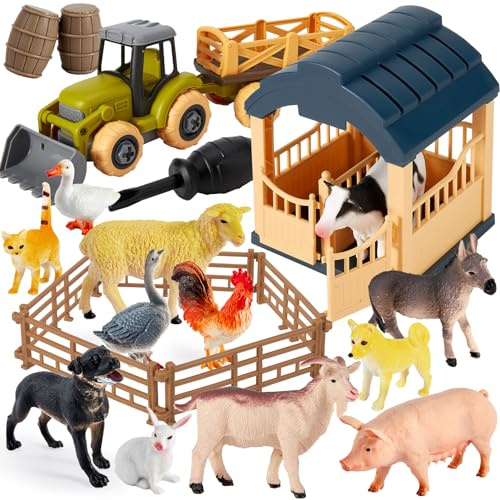 BUYGER Bauernhof Tiere Spielzeug ab 3 Jahre Kinder Realistische Tierfiguren | Traktor Kinder Spielzeug, Montage Traktor Anhänger, Scheune e Zäune, Lernspielzeug Geschenke für Kinder Jungen ab 4 5 + Jahre