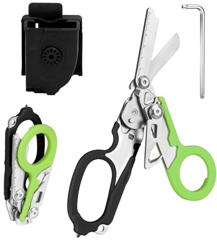 Rettungsschere Trauma Schere 6 in 1 Faltbar Trauma Schere Notfallschere Verbandsschere Mit K-Schutzhülle, Schraubenschlüssel für Professionelle Rettungsdienste, Outdoor Camping (Schwarz und grün)