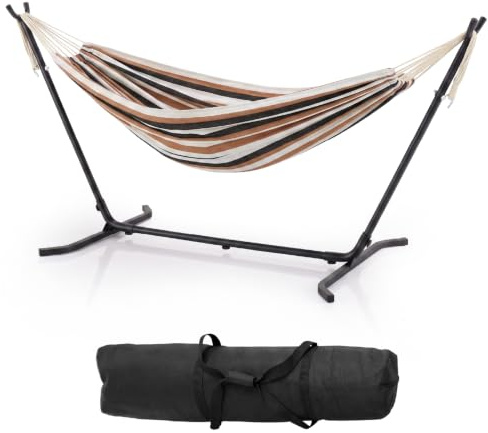 LEADZM Hängematte mit Gestell, Gestell aus Metall, bis 250 kg belastbar, 305x109x104 cm, auf 6 Verschiedene Höhen verstellbar, Braun