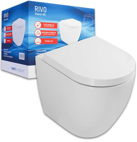 sanicomfort Stand-WC Set „Rivo“ – Spülrandlos, mit Absenkautomatik, Tiefspüler, waagerechter Abgang