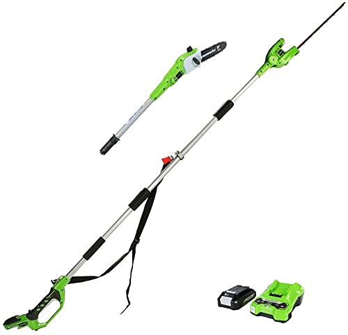 Greenworks G24PSHK2 2-in-1 Akku Stabheckenschere & Akku Hochentaster mit Schultergurt, Astsäge 20 cm Klinge, Heckenschere 51 cm Doppelklingen, 24V 2Ah Akku und Ladegerät, 3 Jahre Garantie