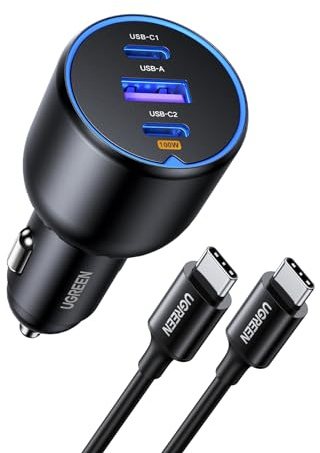 UGREEN Zigarettenanzünder USB C 130W USB C Autoladegerät 3-Port KFZ Ladegerät mit Type-c Kabel kompatibel mit MacBook, iPhone 17-12 Serie, iPad Serie, Galaxy S25/S24 und mehr