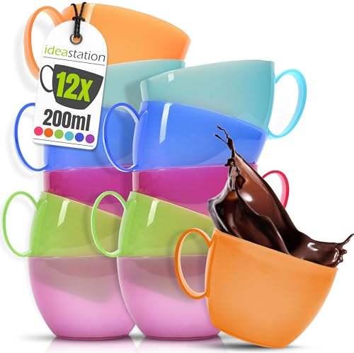 idea-station NEO Plastiktassen mit Henkel - 12 Stück - 200 ml - bunt | BPA-frei + Bruchsicher + Mehrweg - kleine Kaffee-Becher aus Kunststoff - Plastik Tassen Set für Kinder, Senioren und Camping