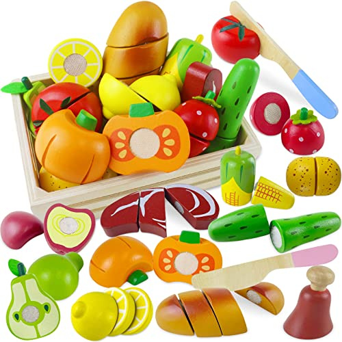 Kinderküche Spielküche Zubehör Holz, Schneiden Obst Gemüse Lebensmittel | Holzspielzeug zum Schneiden, Küchenspielzeug mit Klett-Verbindung, Pädagogisches Lernspielzeug Geschenk für Kinder