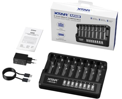 XTAR MX8 8-Fach Ladegerät mit 20W PD-Adapter - Universalladegerät für 3,7V Li-Ion, 1,2V NI-MH & 1,5V Li-Ion Akkus (21700, 18650, AA, AAA) - Ohne Akkus