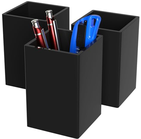 AITEE Schwarz Acryl Stifthalter, 3 Stück Quadratisch 7,6 x 7,6 x 10,9 cm | Pinselhalter, Schreibtisch-Organizer, Stifttopf, Make-Up-Pinselhalter für Büro, Schule, Haushaltsbedarf