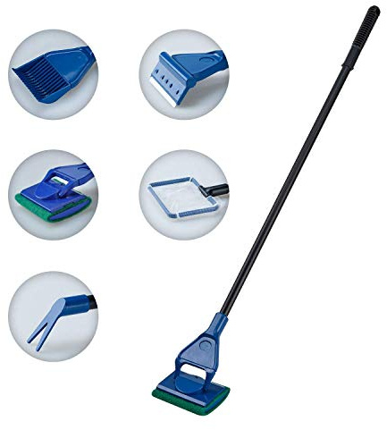 COVVY Hohe Qualität 5 in 1 Aquarium Reinigung Werkzeug Set Fischnetz + Kiesrechen + Algen Schaber + Float Gabel + Schwamm zur Reinigung Aquarium Bettgestell Gabel Kies