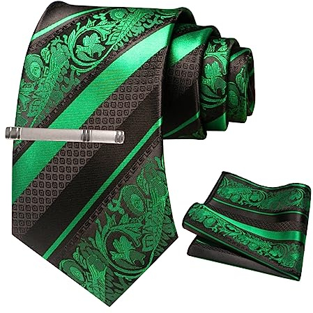JEMYGINS Herren Krawatten Set mit gemischtem Rosen und Streifenmuster inklusive Krawattenklammer und Taschentuch