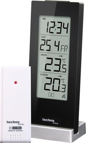 techno line WS9767 Funk-Wetterstation mit Außensensor - Digitale Temperaturstation mit Funkuhr | Innen- & Außentemperatur | Min/Max-Speicher | Alarm & Schlummerfunktion - Champagner oder Silber