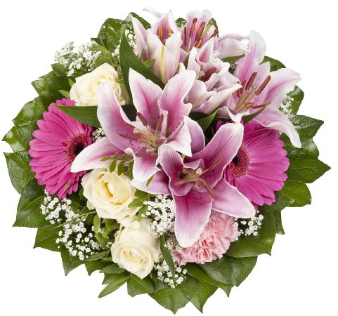 Dominik Blumen und Pflanzen, Blumenstrauß "Laura" mit rosa Lilien, Rosen und Gerbera