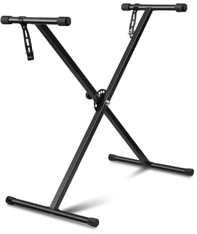 Flexzion Klassischer Keyboard-Ständer für Musiker, elektronisches Klavier, Orgel, Einzelrohr, X-Typ, 7 Positionen, zusammenklappbar, höhenverstellbar, Metallstreben, tragbar, mit Verriegelungsriemen