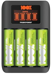 PeakPower Batterie Ladegerät AA AAA | Einzelschachtladung mit 4 Akkus AA | Schnellladegerät AA AAA, Akku Ladegerät mit 4 Ladeslots und LC-Display, mit 4 AA Batterien wiederaufladbar 2300mAh