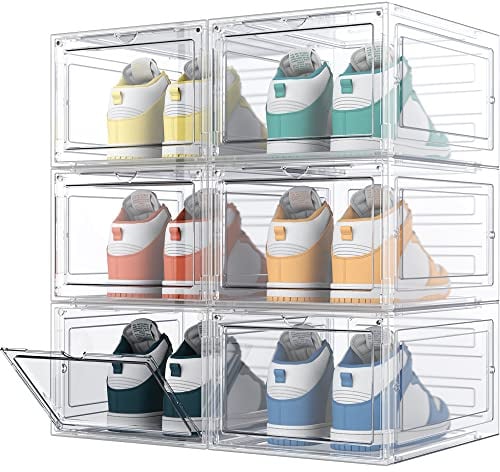 HOMIDEC Schuhboxen Stapelbar Transparent, 6 Stück Hartplastik Schuhkarton | Schuhaufbewahrung mit Deckel für Stöckelschuhe, Stiefeletten, Pumps, High Tops, für Größe 46, Transparent