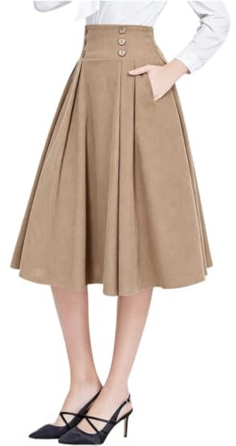 Belle Poque Damen Cordrock A-Linie Midi Faltenrock Herbst Winter Rock | Hohe Taillierte, Dekorative Doppelreihe Knöpfe, Weiches Warmes Material Für Herbst Und Winter