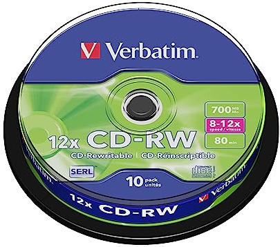 Verbatim CD-RW, 700 MB/ 80 Minuten - 12-fache Brenngeschwindigkeit, hochwertiger CD-Rohling - zum Daten sichern und brennen, 10 Stück Spindel 1795079