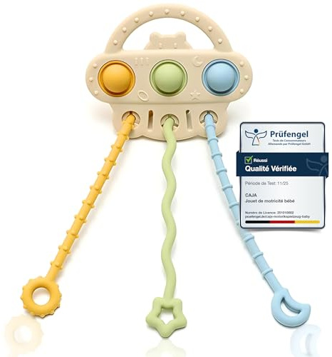 CAJA Motorikspielzeug Baby ab 6 Monate – Babyspielzeug und sensorisches Silikonspielzeug für unterwegs im Auto, Flugzeug oder Kinderwagen – fördert Feinmotorik – für Jungen und Mädchen