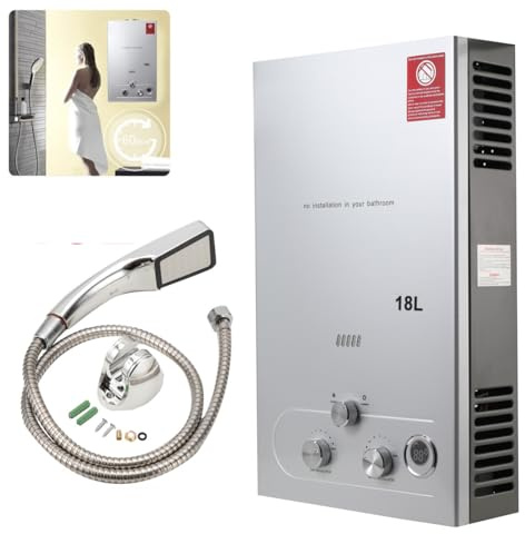 ECUTEE Gas Durchlauferhitzer LPG 18L 36KW Flüssiggas Warmwasserbereiter, Tankless Instant Heißwasserbereiter Gastherme mit Duschkopf Duschschlauch, für Outdoor Camping Baden RV Dusche