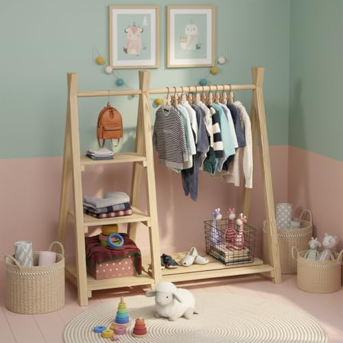 Bellabino Ryck Kleiderstange für Kinder – Kleiderständer aus Massivholz in Natur mit 4 Ablageflächen – Montessori Kindergarderobe für Jungen & Mädchen – Garderobe mit Schuhablage für Kinderzimmer