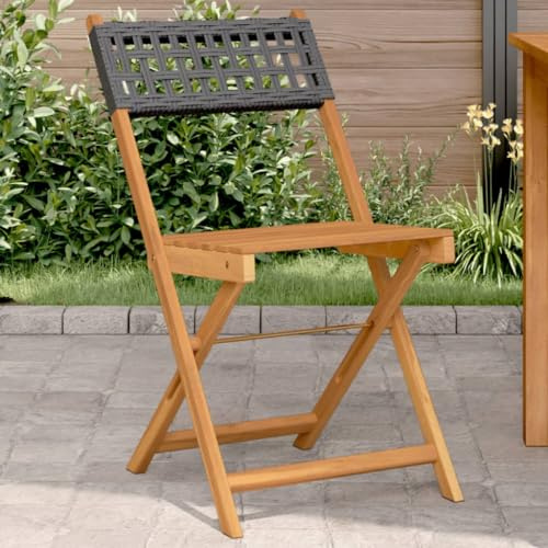 IBUQDDV Bistrostühle 2 STK. Schwarz Massivholz Akazie und Poly Rattan Klappstühle Faltstühle für Garten Terrasse Balkon Outdoor Möbel