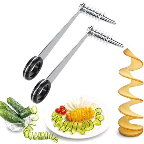 lomdung 2 Stück Spiralschneider Kartoffel, Stäbchen Edelstahl Kartoffel Spiralschneider, Handgeführtes Kartoffelspiralenschneider, Geeignet für Kreatives Obst, Kartoffeln, Karotten, Gurken
