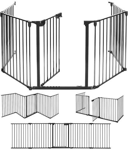 Kaminschutzgitter 5-teilig mit Tür 300 cm Metall Absperrgitter Faltbar I Tierschutzgitter Laufgitter & Laufstall Ofenschutzgitter ohne Bohren Tür mit Kindersicherung I Kaminzaun für Baby Kinder Hunde