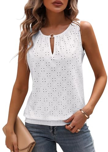 Tanmolo Damen Tank Top Sommer Top Blusentops Oberteile | V-Ausschnitt, Schlüsselloch-Detail, Ärmelloses Shirt, Jacquard-Mesh, Luftiger Schnitt, Freizeit und Urlaub