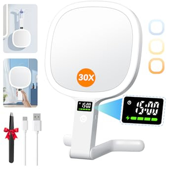 Auxmir Kosmetikspiegel mit Beleuchtung LED Display für Zeit/Akku/Helligkeit, 30X / 1X Schminkspiegel mit 3 Farben, Faltbar Vergrößerungsspiegel Reisespiegel Tischspiegel mit Licht für Zuhause Reise