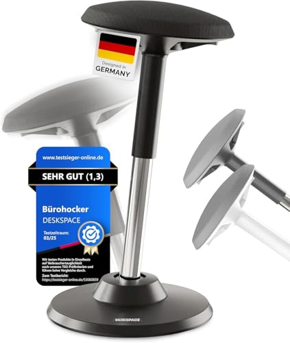 DESKSPACE Motion Sitzhocker - Stehhocker höhenverstellbar, ergonomischer Hocker bis 140kg mit CushCloud-Polsterung, Gasfeder & 3D-Sitzmechanik, Bürohocker ergonomisch, Wackelhocker Stehstuhl (Schwarz)