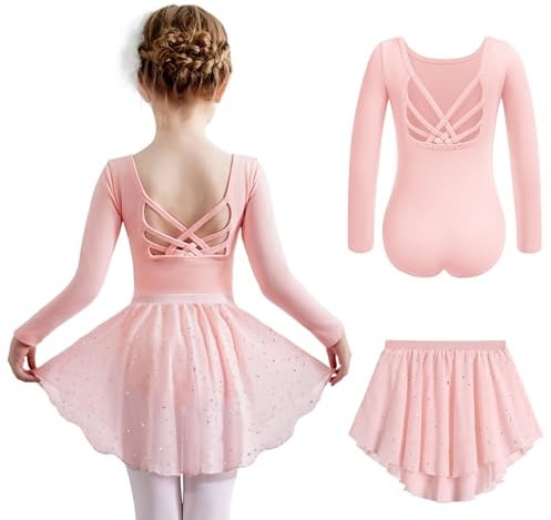 Arshiner Mädchen Ballettkleidung Langarm Ballettkleid Zweiteilig Kinder Baumwolle Tanzkleid Rückenfrei Ballett Trikot mit Tütü Ballettanzug Tanztrikot Ballerina Kleid Rosa 150/7-8 Jahre