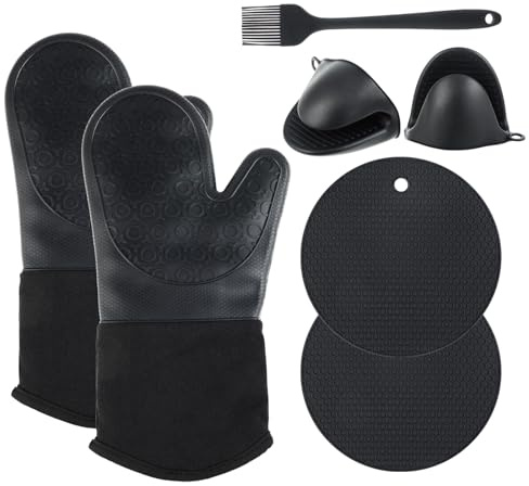Ofenhandschuhe Topfhandschuhe-6er Set Hitzebeständig bis 300°C-Kochhandschuhe mit Topflappen-Anti-Rutsch, geeignet für Kochen, Backen, Grillen (schwarz)