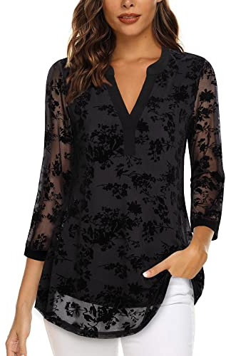 Vafoly Damen 3/4 Ärmel Oberteil Henley V-Ausschnitt Hemden doppellagig Mesh Bluse Tuniken