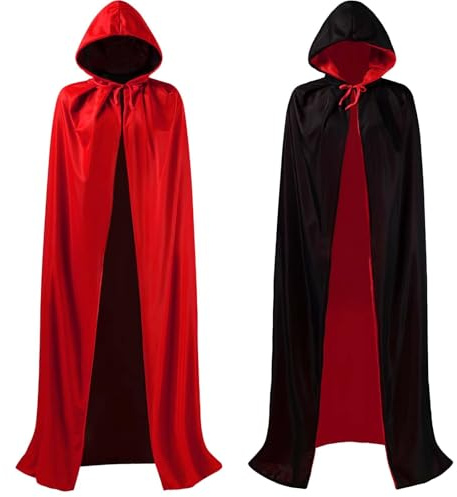 Halloween Kostüm Vampir Kostüm Umhang mit Kapuze für Damen, Herren,140cm | Gruselig Erwachsene Vampire Costume für Karneval, Fasching,Halloween Vampirumhang Beidseitig Rot & Schwarz