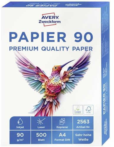 AVERY Zweckform 2563 Drucker-/Kopierpapier (500 Blatt, 90 g/m², DIN A4 Papier, hochweiß, für alle Drucker) 1 Pack