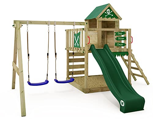 Wickey Spielturm Smart Cave mit Doppelschaukel, grün – aus Holz, für Kinder im Garten