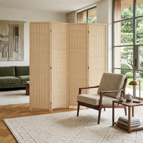 Makika Trennwand/Raumteiler Faltbar aus Bambus - Paravent Umkleide Sichtschutz Spanische Wand - 180 x 180 cm Raumtrenner 4 teilig Leinwand - Natur Hellbraun