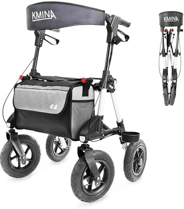 KMINA Outdoor Rollator mit Luftbereifung 25 cm, Sitz, Rückenlehne, 136 kg | Geländegängig auf Schotter und Kopfsteinpflaster, Faltbar aus Aluminium, Handbremse mit Feststellfunktion, Modell Pro