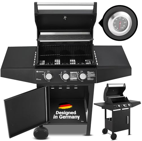 Juskys Gasgrill Louisiana 3 Brenner 8,1 kW – BBQ Grillwagen mit Deckel, Grillrost & Warmhalterost, Grill mit Thermometer, Seitenablagen & Abdeckplane