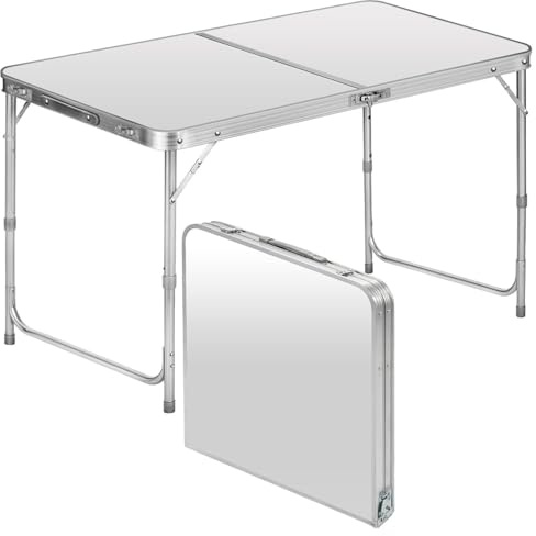 Klappbarer Multifunktionstisch Mehrzwecktisch Campingtisch Klapptisch Markttisch höhenverstellbarer Tapeziertisch Beistelltisch zum Campen im Garten für Festivalls Märkte und mehr (Weiß: 120 x 60 cm)