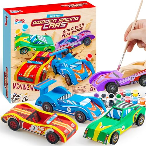 Klever Kits 4 Stück Holz Auto Bastelset Kinder,Kreativ Geschenke für Kinder Jungen 6 7 8 9 10 11 12 Jahren,Auto zum Bemalen und Basteln Holzbastelset Car