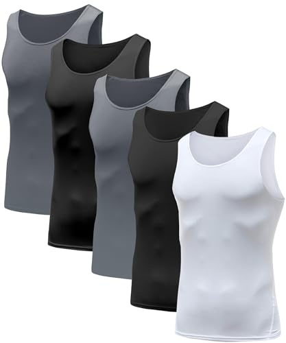 HIBETY Ärmelloses Kompressions-Tanktop für Herren, Baselayer, kühles und trockenes Kompressions-Shirt, Muskeltraining, 3 oder 5 Stück, 5er-Pack (weiß/schwarz/schwarz/grau), XX-Large