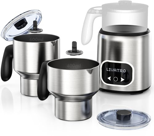 Livatro Milchaufschäumer Elektrisch Doppelbechern 600ml & 400ml, Milchaufschäumer Induktion ohne Anbrennen, Milchschäumer mit Edelstahl,Spülmaschinenfest,für Milchschaum heiss, kalt, heiße Schokolade