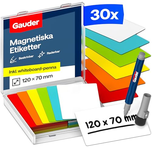 GAUDER Magnetstreifen beschreibbar, Magnetschilder (30 Stk, 120x70mm) | Magnetschilder zum Beschriften, beschreibbare Magnete zum Beschriften, Magnetetiketten für Kanban Board, mit Marker